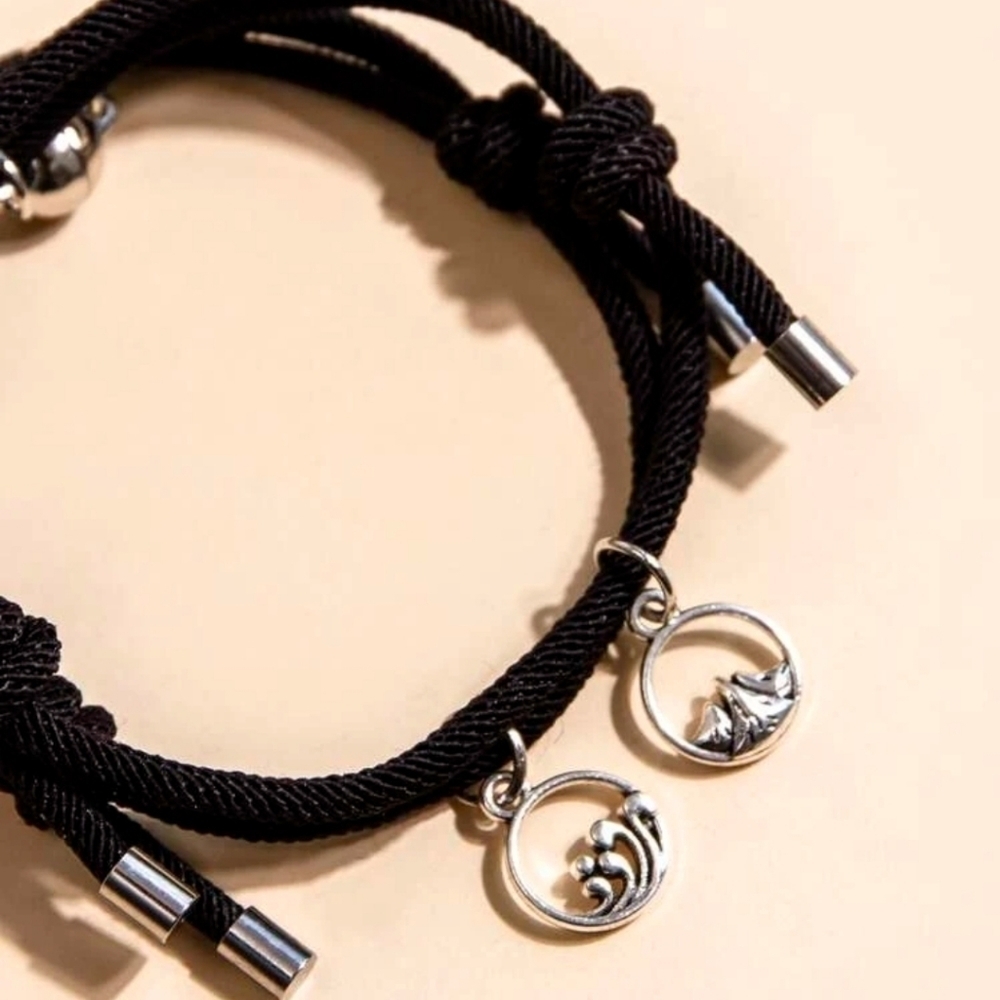 Silver Wave Pendants on Black String Bracelet - Picture 2 of 3